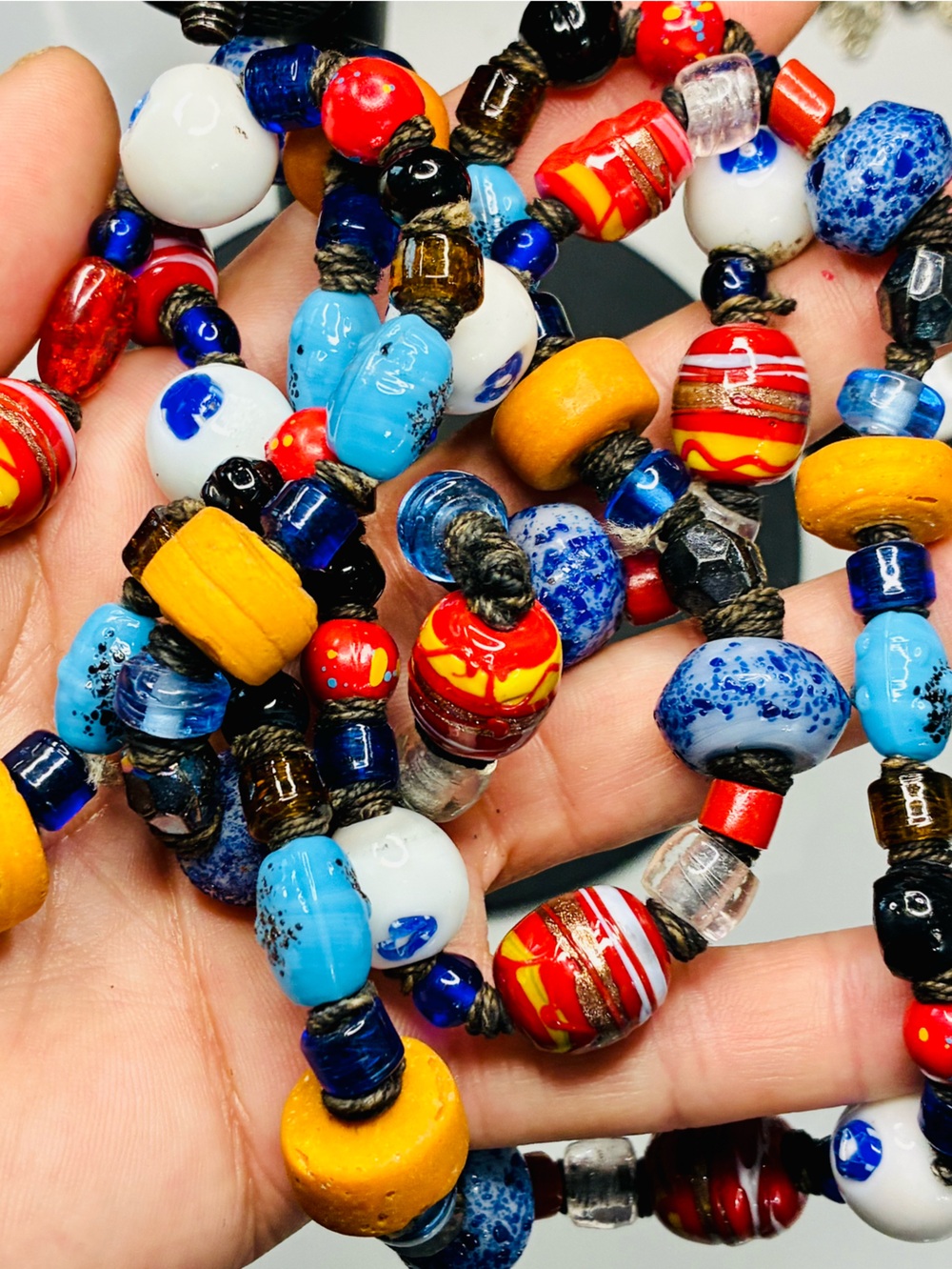 VTG Colorful Multi-Bead Glass Terracotta Chunky Necklace Blue Red & Gold Accents